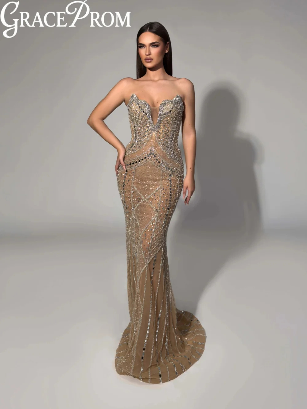 

Изысканное серебристое платье с кристаллами, вечернее, с иллюзией V-образного выреза, силуэт «русалка», для свадебных торжеств, на заказ, в пол, для выпускного вечера