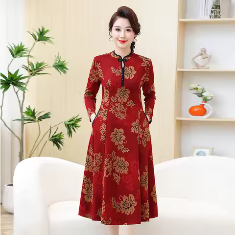 Women Female Spring and Autumn Elegant Vintage Long Sleeve Evening Party Dress For Middle Age Mom Vestidos