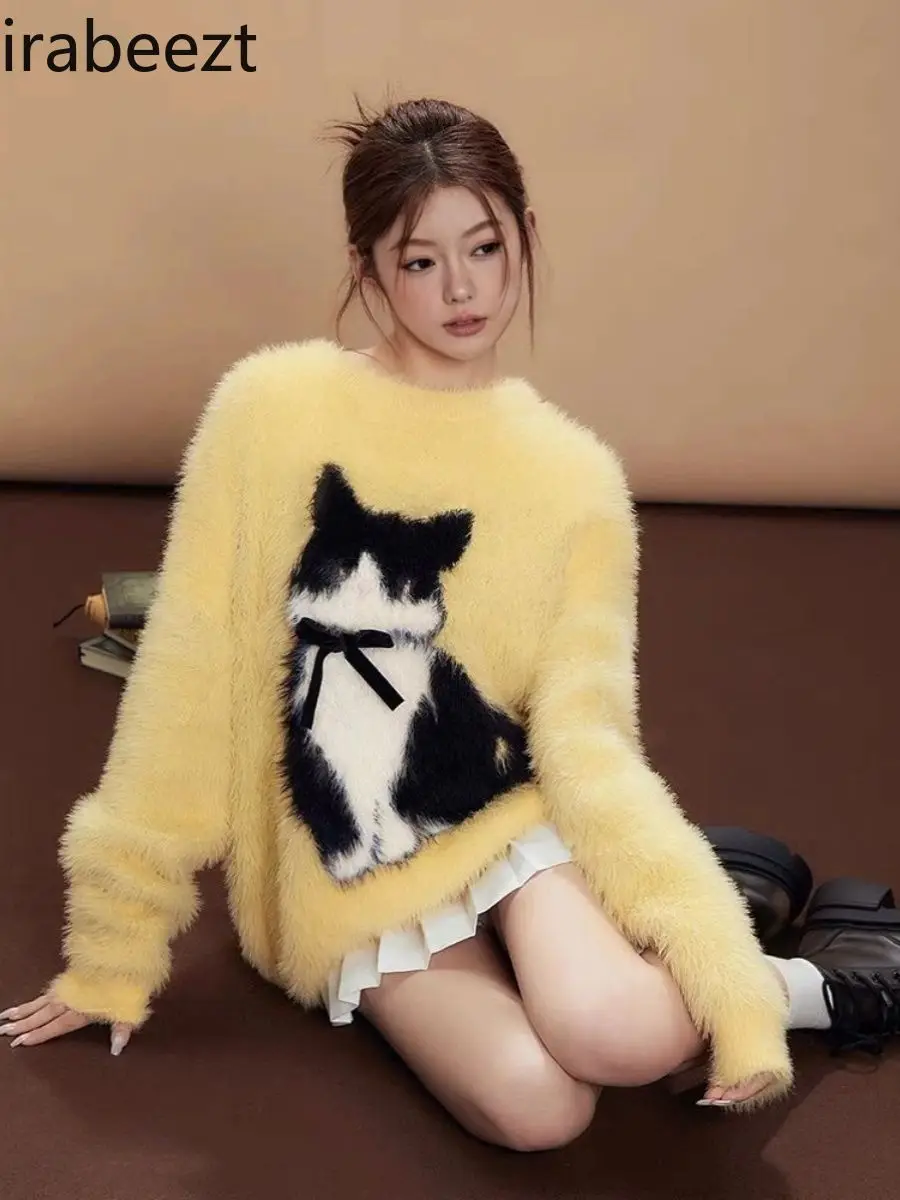 Chinese Fluffy Sweater Female Kitten Bow Loose Fit Wind Long Cute Knitted Top LOOSE FIT Womans Long Sleeve Pullovers