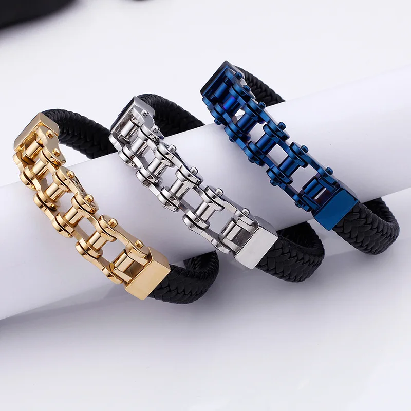 

12mm Punk Blue Biker Bicycle Motorcycle Bracelet Men Hiphop Gold Color Titanium Steel Black Leather Braided Bike Bangle Jewelry