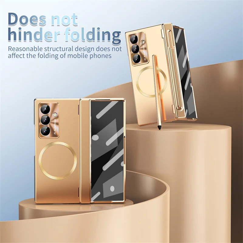 Magnetic With Touch Pen Two Hinge Case For Samsung Galaxy Z Fold 8Ultra 7 6 5 For Magsafe Screen Protect Film Shockproof Cover ﻿