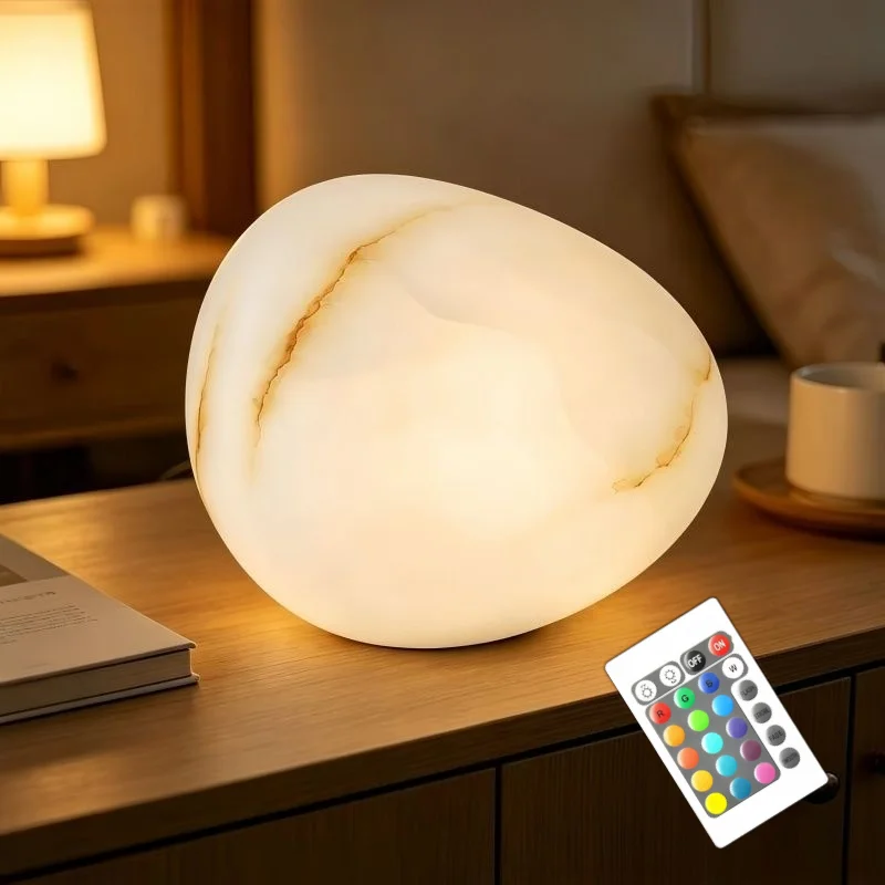 Rgb16-Color Remote-Controlled Dimmable Imitation Marble Desktop Decorative Table Lamp with Plastic Lampshade, Waterproof and Drop-Resistant, Rechargeable Outdoor Garden Ambiance Light, Simple Night Light for Children's Room