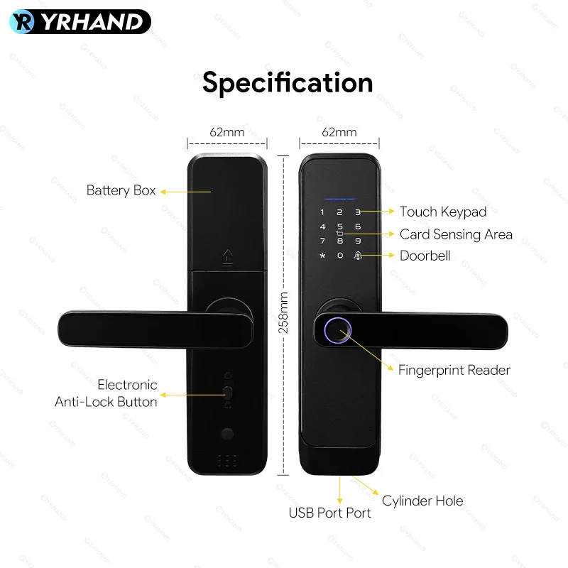 YRHAND-Fingerprint Door Lock para Casa, Matt Black, TTLock, Smart App, Cartão de Código, Chave, Segurança Digital, Fechadura Eletrônica, Segurança