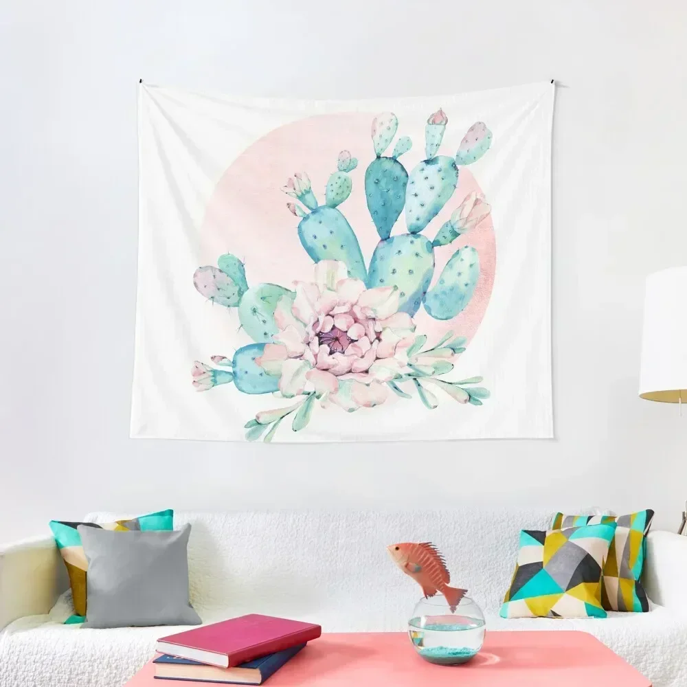 

Pretty Cactus Mint Green Pink and Rosegold Desert Cacti Wall Art Tapestry Aesthetics For Room Tapestry
