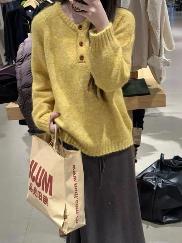 

Желтый мягкий свитер Thiened, женский осенне-зимний свободный вязаный топ Lazy Sle, высококачественный длинный свек, круглый Ne Pull...