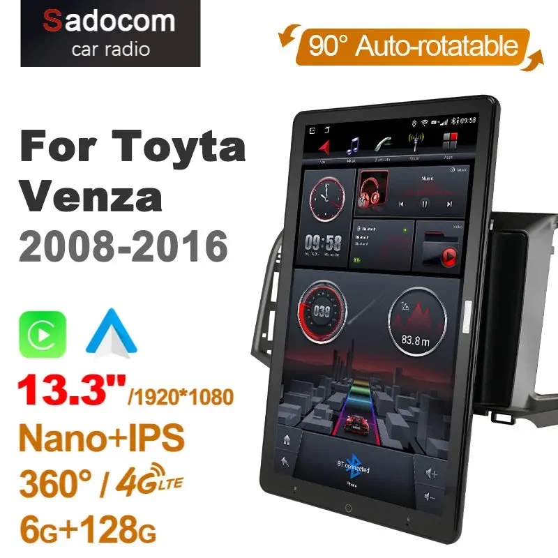 1920*1080 IPS DSP Android 10.0 for Toyota Venza 2008-2016 Car Radio Audio 13.3'' IPS Rotatable 360 6G 128G Tesla Style 2 din