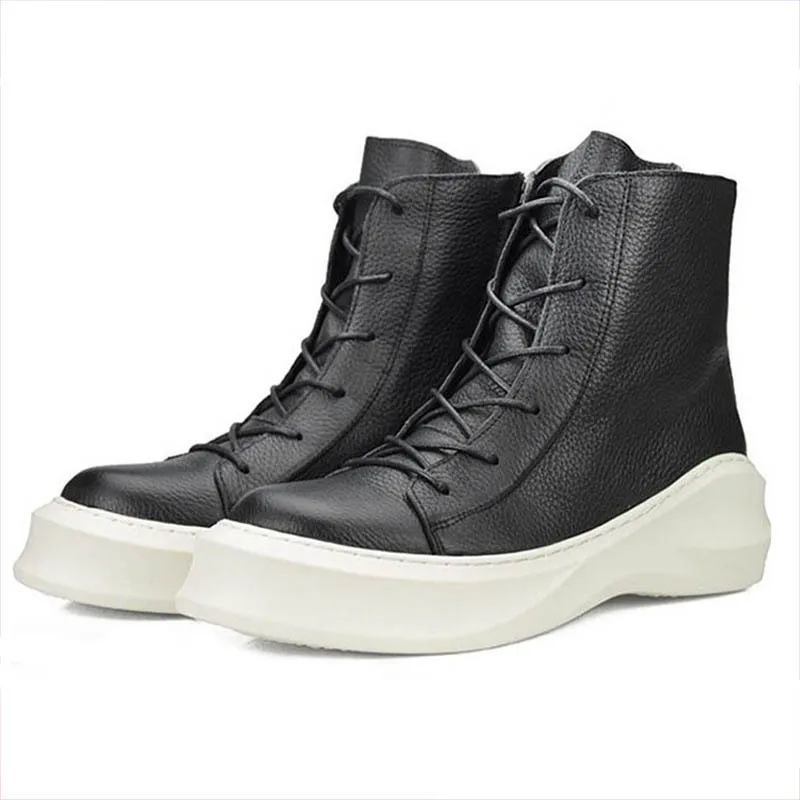 Men's Ultra-light Retro Concise Soft Leather Lychee Pattern Short Boots Cool Man Thick-sole Catwalk Heightening Shoes Winter