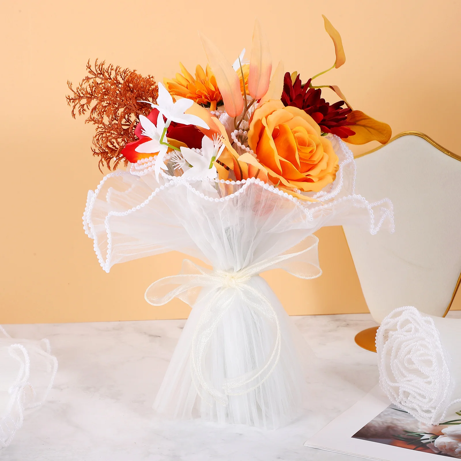 لؤلؤة تول زهرة التفاف شبكة أنيقة باقة مواد التعبئة والتغليف لترتيبات زهور الزفاف لوازم بائع الزهور