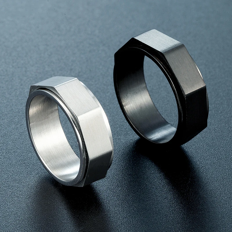 Hot Hex Nut Titanium Steel Ring,Men's Brushed Metal Punk Jewelry, Rock Hip Hop Industrial Style (Black/Steel Color)For Boyfriend