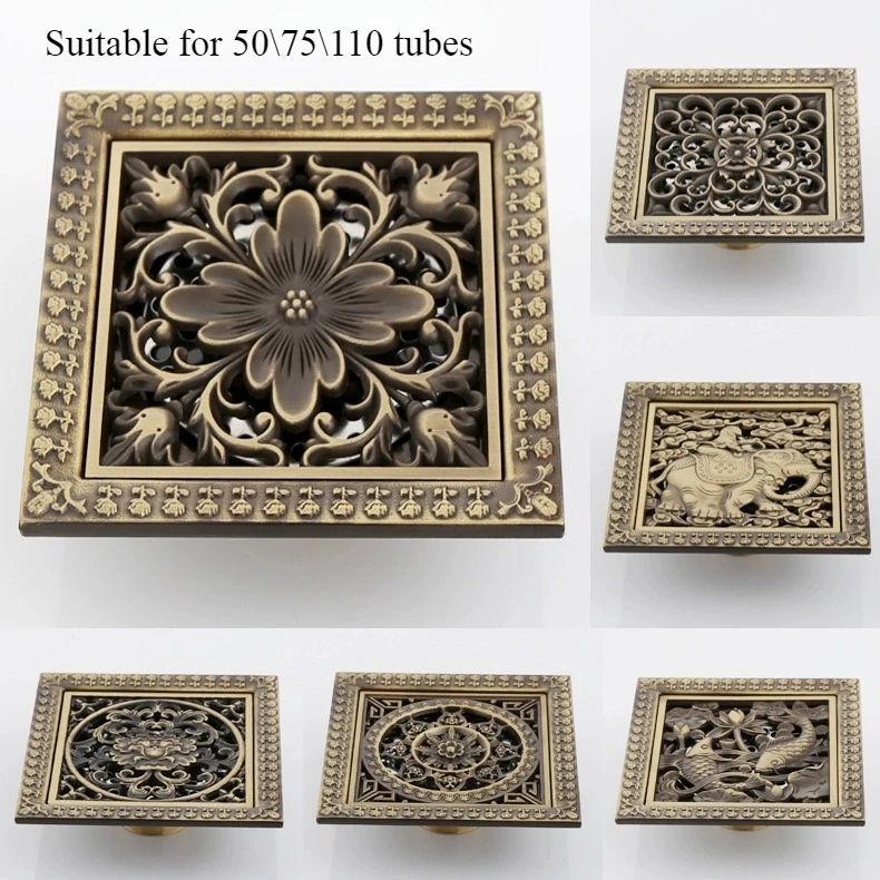

120*120 Solid Brass Vintage Floor Drain European Style Art Carving with Stainless Steel Filter & Replaceable Copper Drain Core