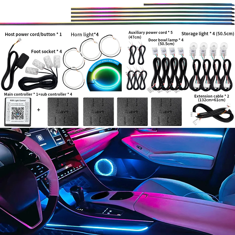 6/10/14/18 in 1 64 Color RGB Symphony Car Ambient Lights Interior Acrylic LED Strip Light Decoration Atmosphere Lamp APP Control