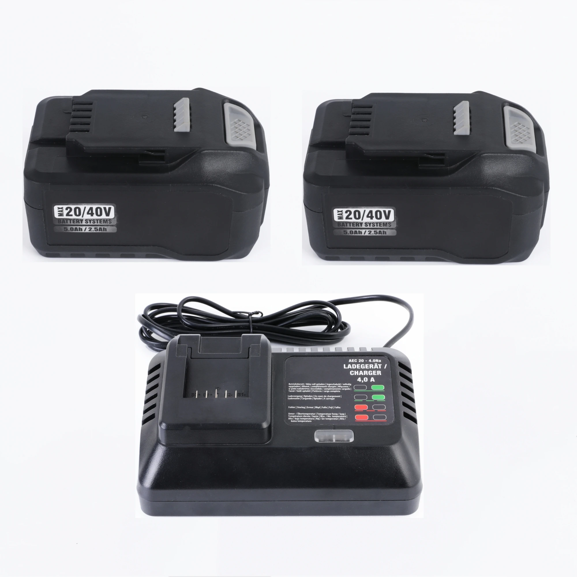 

2Units 20/40 Volt 5.0Ah/2.5Ah Li-Ion Akku, 1Unit Fast Charger for Ferrex Cordless Tools Garden Tools for Active Energy Tools
