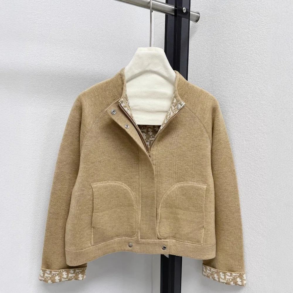 سترة خريف وشتاء بسيطة يمكن ارتداؤها على الوجهين، قفل سريع، سحاب، ياقة واقفة، سترة محبوكة بأكمام طويلة