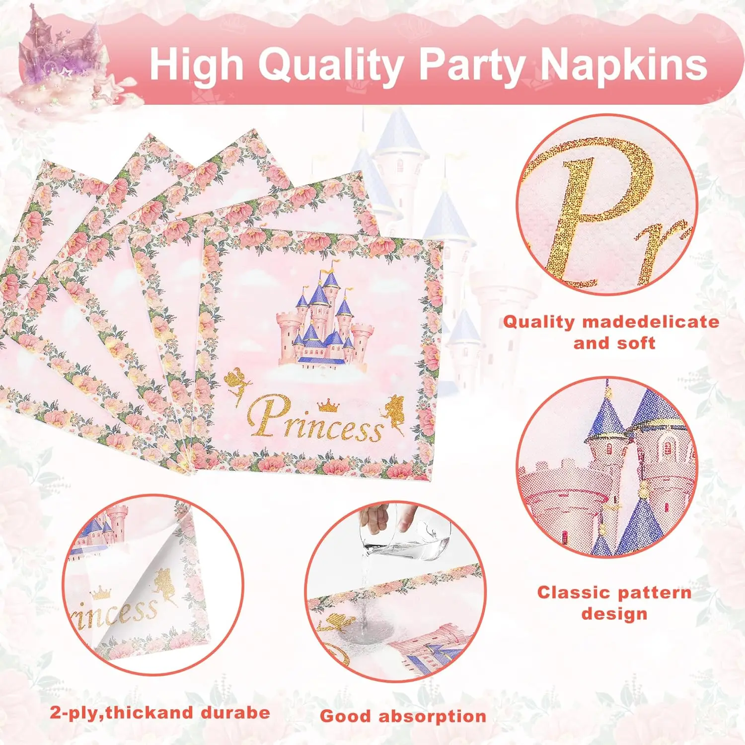 Princess Pink Castle Theme Birthday Party Disposable Tableware Set Paper Plate Paper Napkin Happy Birthday Party Decor Kids Girl