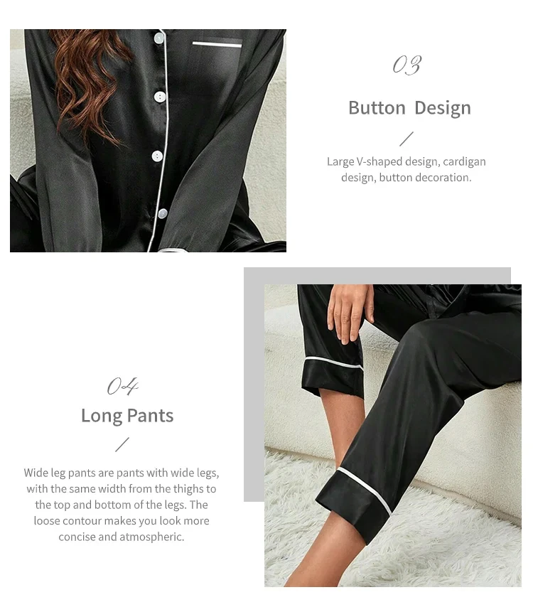 Plus Size Pyjamas Damen Herbst und Winter Eisseide Langarm Zweiteiliges Set Loungewear Nachtwäsche Damen Einfarbige Nachtwäsche – Detail 5
