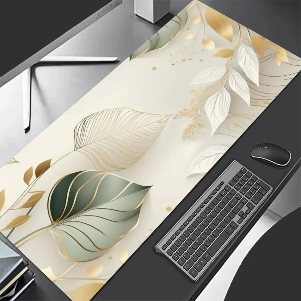 

Gold Leaves Mouse Pad Large Computer Office Game Table Mat XXL Rubber Anti-slip Stitch Edge Keyboard Mats Elegant Long Desk Pads