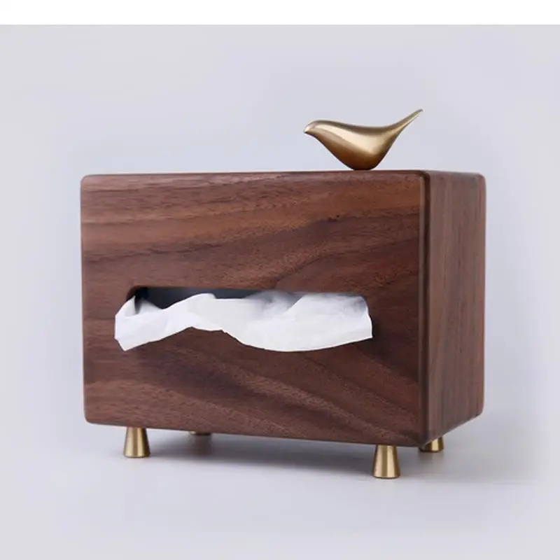 Black Walnut Brass Feet Bird Decorative Tissue Box Home Solid Wood Storage Paper Towel Holder Tube