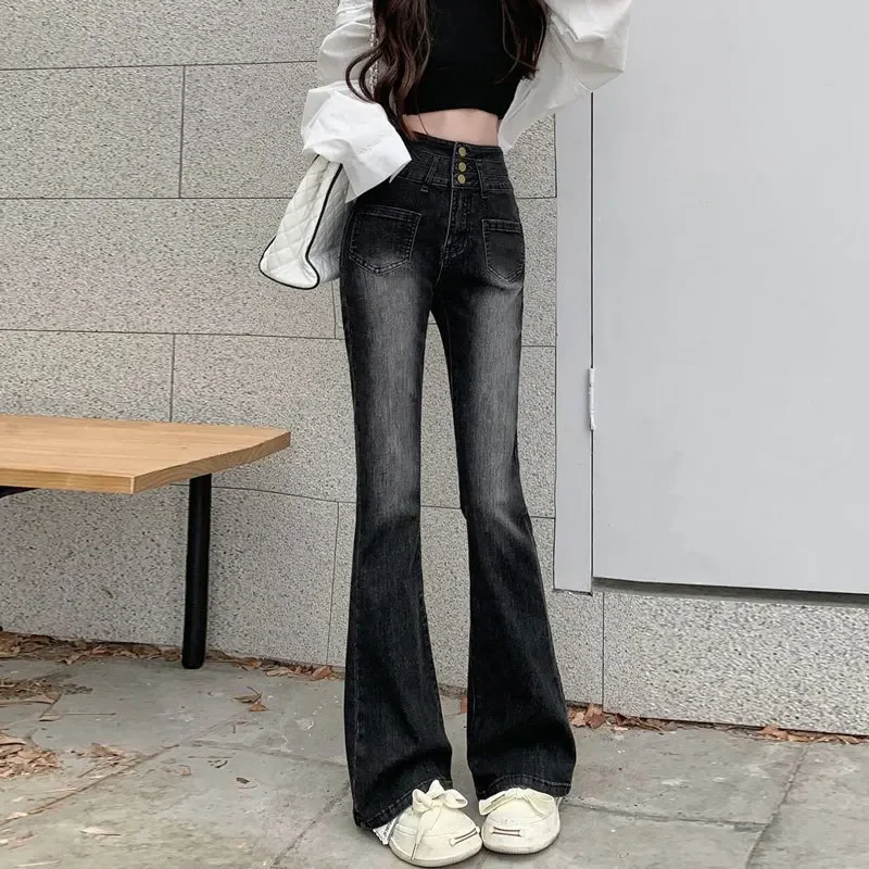 High-Waisted Denim Bootcut Pants Ultra-Elastic Straight-Leg Slims Grey Charcoal Korean Style Women's Trousers Smooths Your Silho