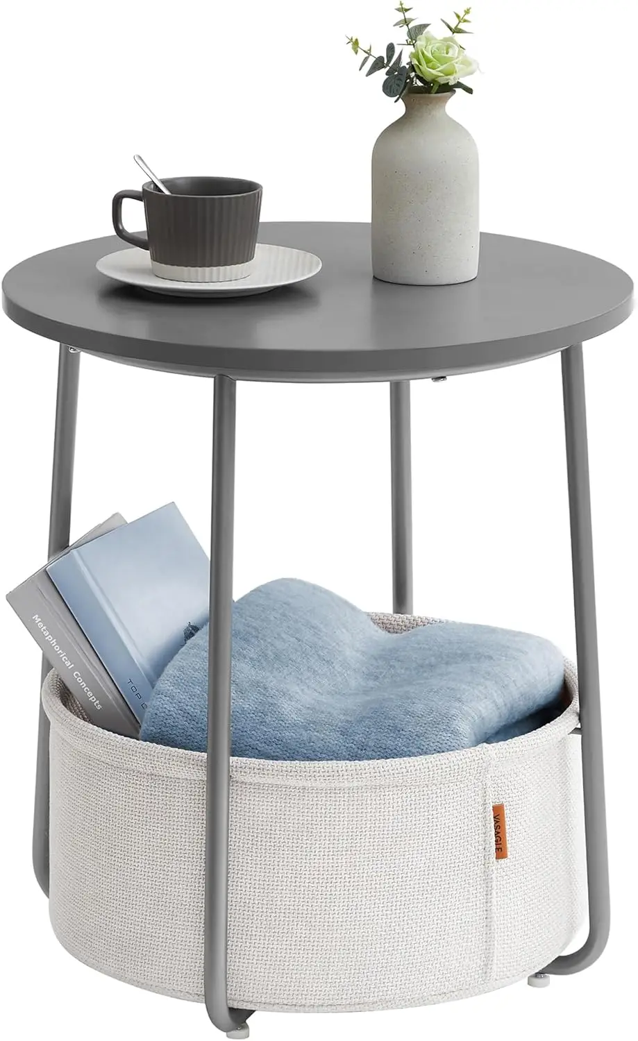 

Small Round Side End Table, Modern Nightstand with Fabric Basket, Cement Gray and Cream White ULET223G49