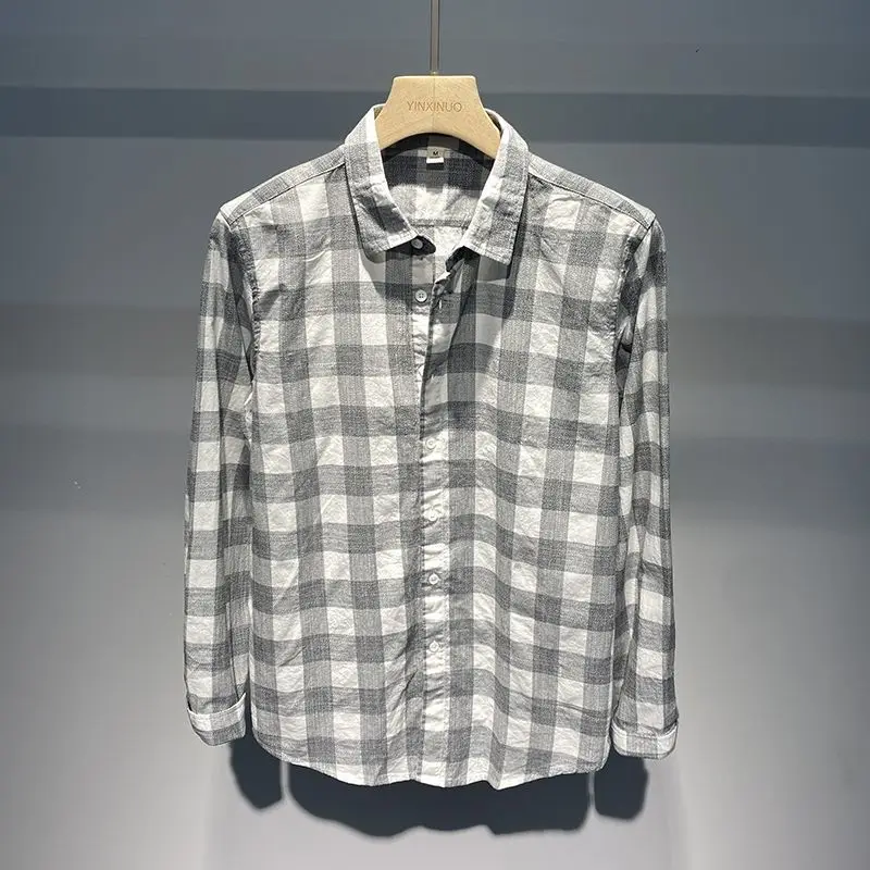 New 2026 Spring Men Check Long Sleeve Shirt Loose Casual Trendy Menswear