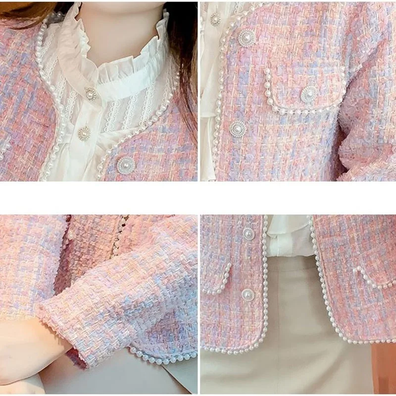 Spring Autumn Women\'s Woolen Coat Pink Small Fragrant Wind Coat Nailed Bead Short Jacket Tweed Coat Ladies Tops Female Outerwear