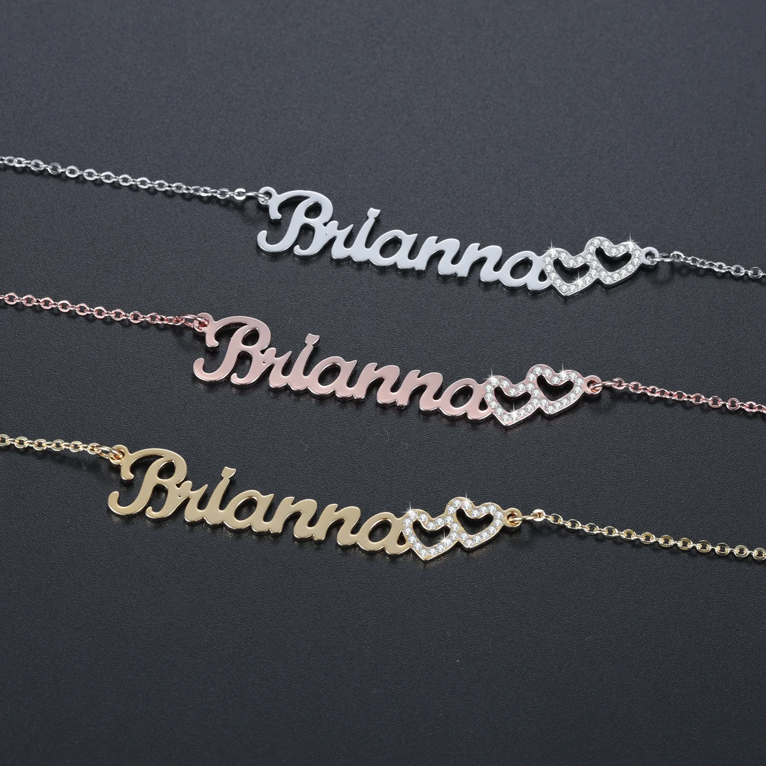 Customized Necklace Name Stainless Steel Pendant Nameplate Necklace DIY Double Hollow Dot Diamond Love Necklace Selected Gift