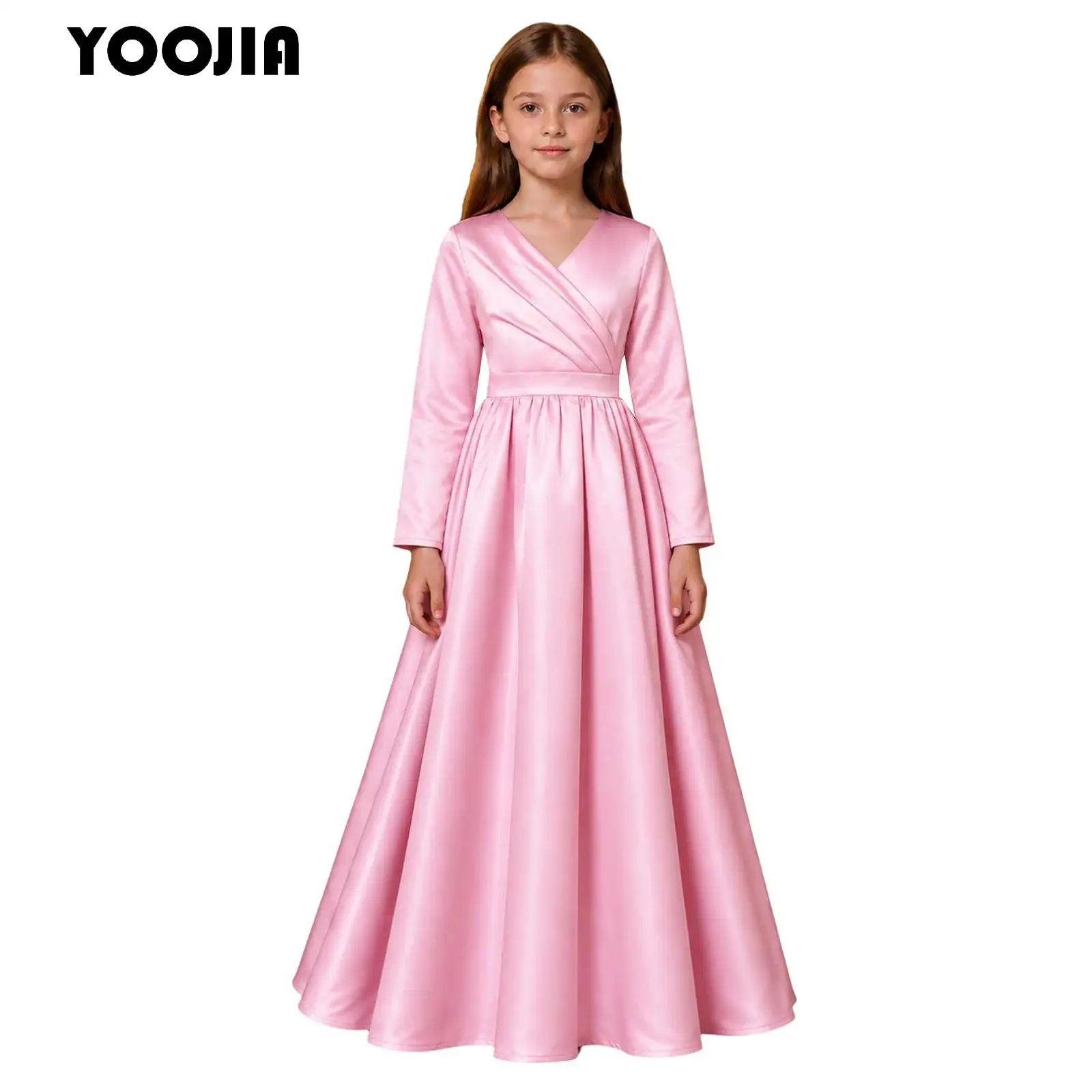 Kids Girls Formal Party Dresses Child Long Sleeve Pleated Bodice Ruffled Gowns Wedding Pageant Banquet Bridesmaid Satin Dress