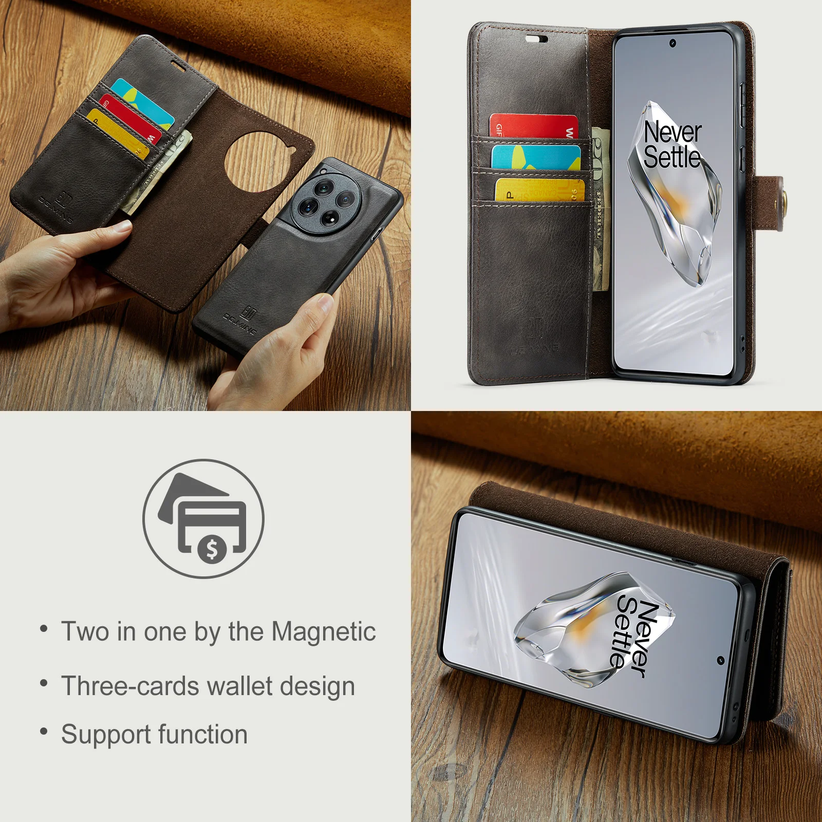 DG.MING Detachable 2Folding Case For OnePlus 12 11/Nord 2 5G/9RT 5G Wallet Case Leather Magnetic Cover for OnePlus 9/9Pro/9R