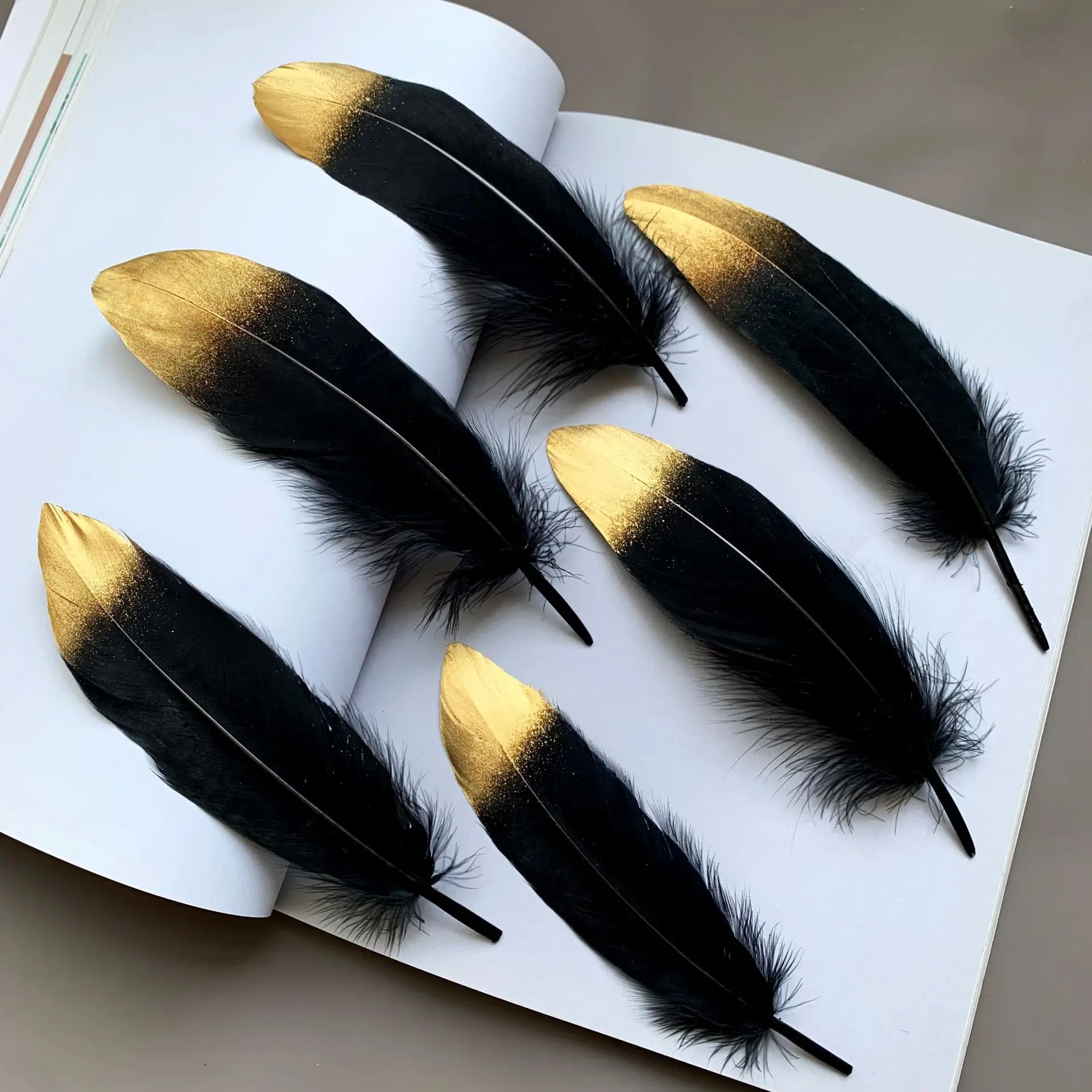 1000PCS Gold Tipped Black Goose Feathers 15-20cm Natural Colored Plumes DIY Crafts Wedding Hat Jewelry Decoration Accessories