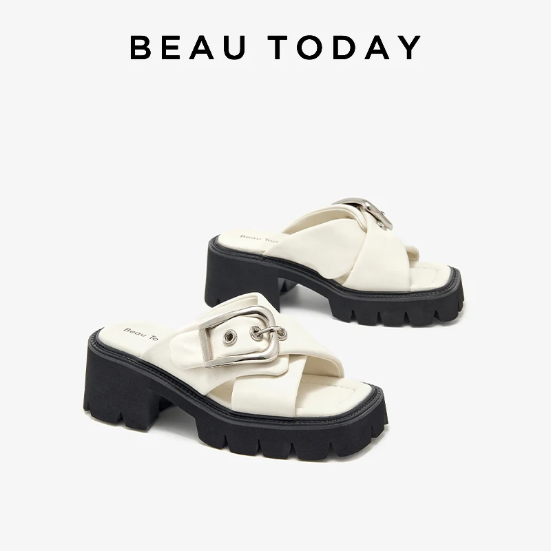 BEAUTODAY Fashion Sandals Women Genuine Cow Leather Solid Color Cross-strap Metal Decoration Ladies Shoes Handmade 38522