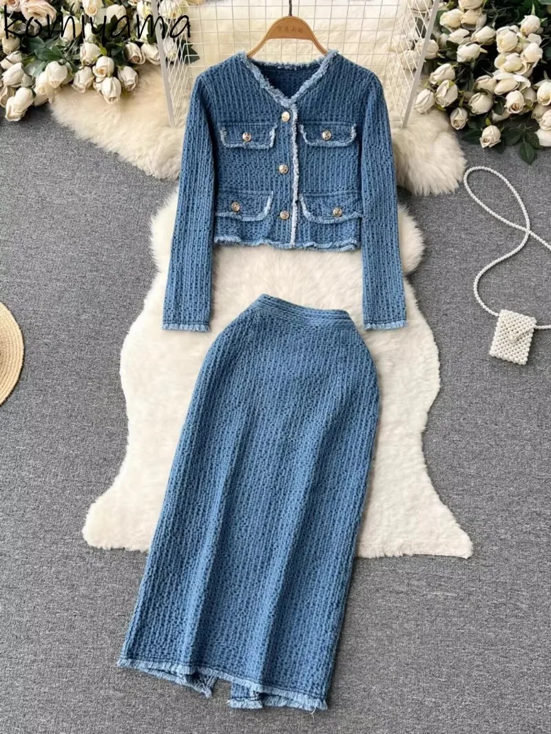 Denim Suit Women Raw Edge Long Sleeve Short Jeans Jacket + Split Midi Skirts Autumn Small Fragrance Style Two-piece Set