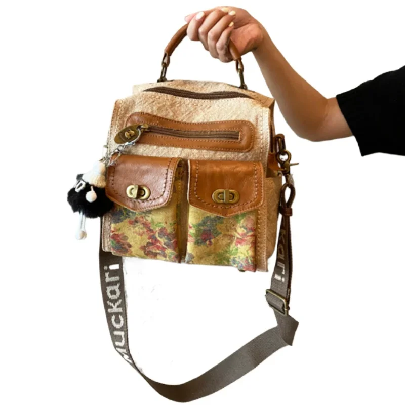 multi-functional leisure bag 2024 retro color matching printing with cowhide shoulder bag small backpack women