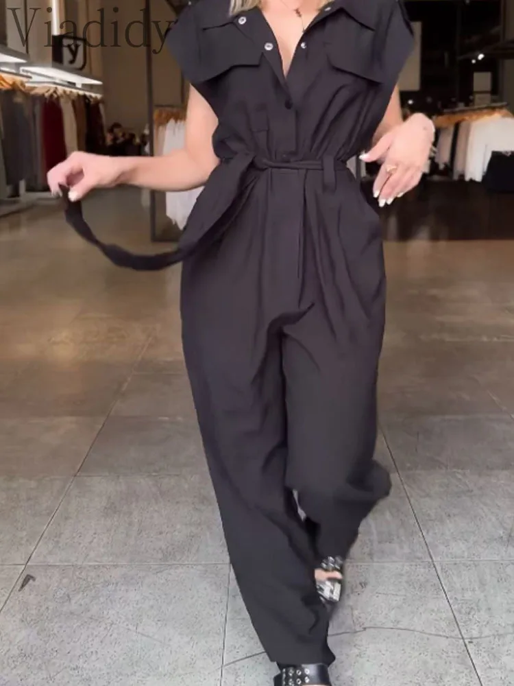 ثوب فضفاض نسائي مثير بلون سادة وياقة مقلوبة وأكمام قصيرة وجيوب وحزام مستقيم الساق