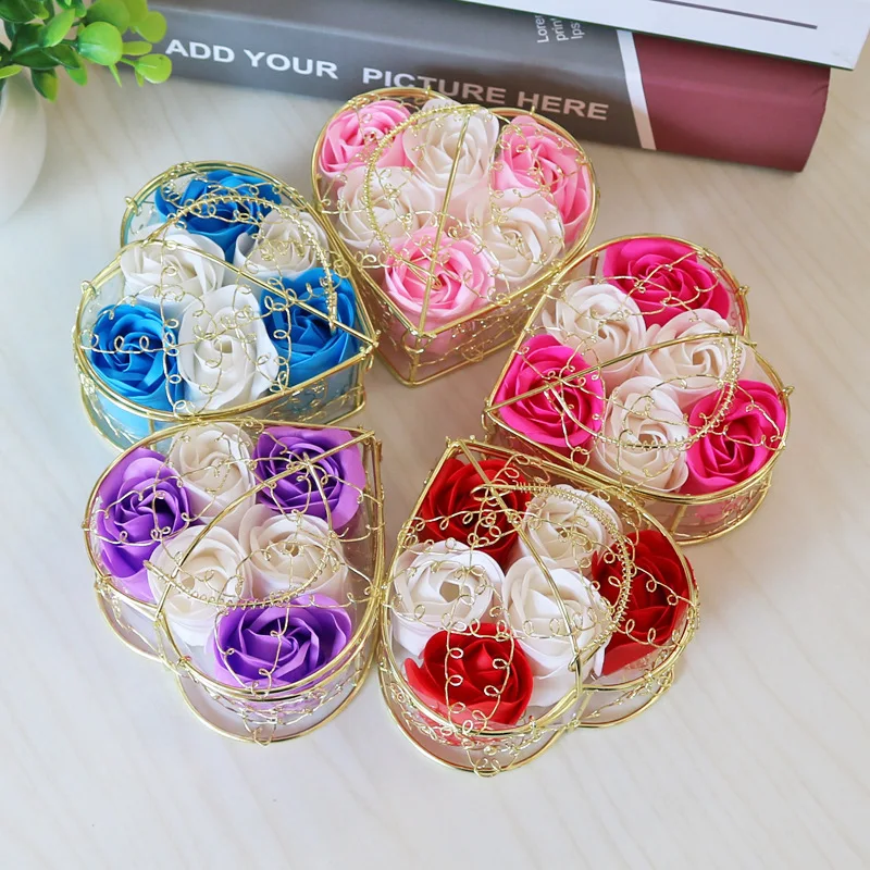 Artificial Rose Flower Soap Gold Plated Iron Basket Valentine's Day Wedding Newyear Creative Bouquet Gift Home Decor Flores