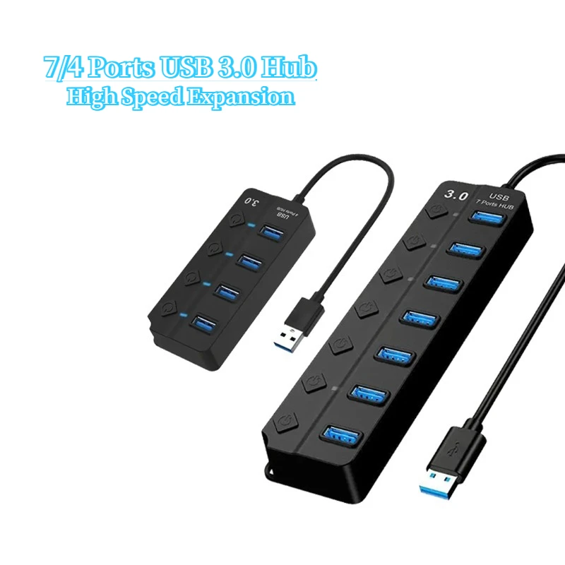 Premium USB 3.0 Hub with Independent Switch 4/7 Port High Speed Data Splitter LED Indicator for PC Laptop Desktop Printer Office