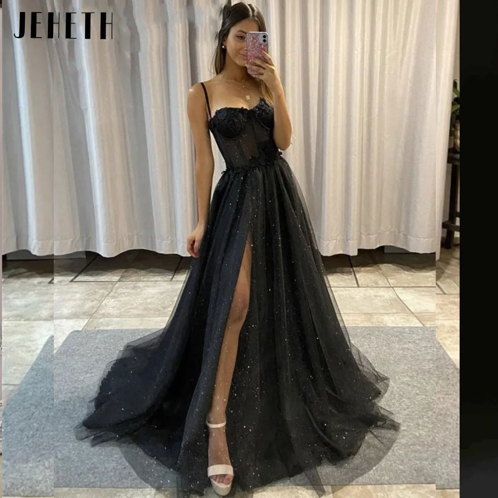 JEHETH Popular Side Slit 3D Flowers Long Prom Dress Spaghetti Straps Sweetheart Bones Glitter A Line Tulle Evening Gowns