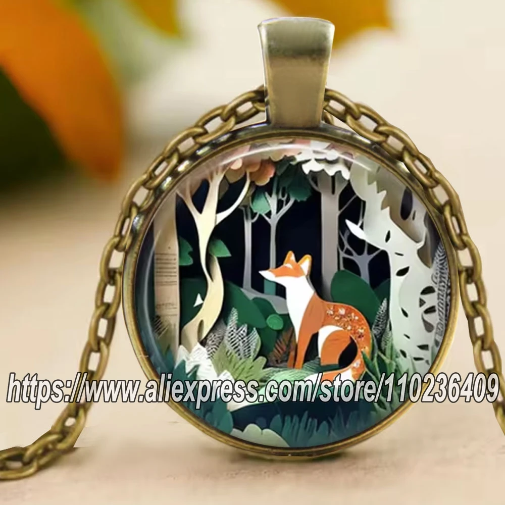 Round Bird Cat Dragonfly Fox Hedgehog Pendant Necklace for Women Girls Forest Animal Jewelry