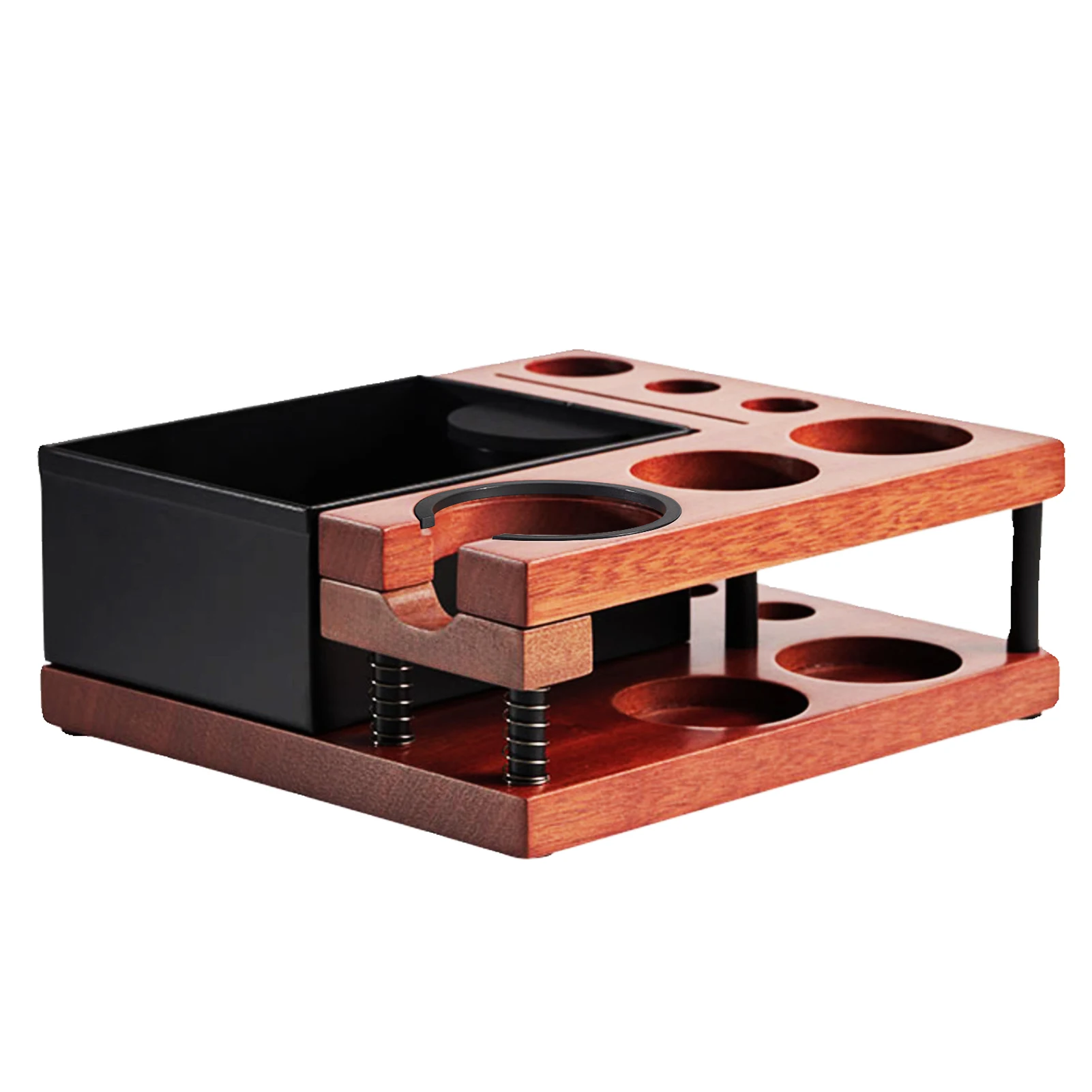 2-IN-1 Espresso Tamping Station Knock Box 2 Layer Distribution Tool Holder 51-58mm Universal Portafilter Holder Wood Coffee