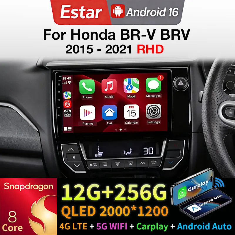 Radio Multimedia para Auto Android 16 con Carplay para Honda BR-V BRV 2015-2021 (Volante a la Derecha), Reproductor de Video Estéreo, 4G WIFI, GPS, Navegación, 2K QLED, DSP