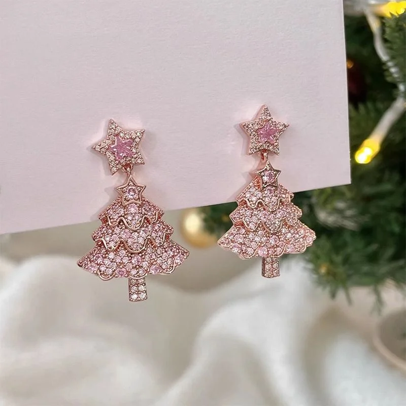 Christmas Tree Zircon Crystal Star Earrings Stud For Women Dangle  Xmas Party Fashion Jewelry Gift