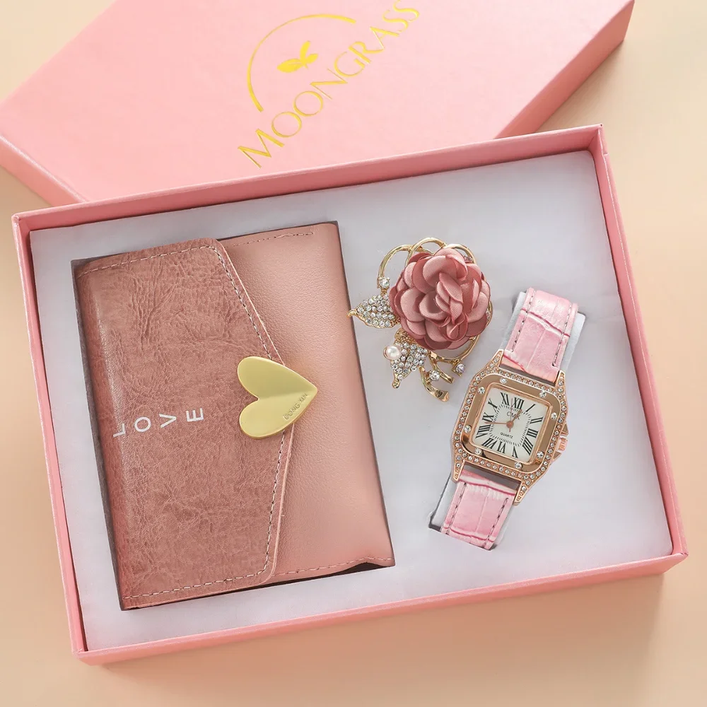 3Pcs Luxury Womens Watches Gift Set with Box Pink Brooch Wallet Watch for Women Girl Wife Daughter Mothers Day Christmas Gift