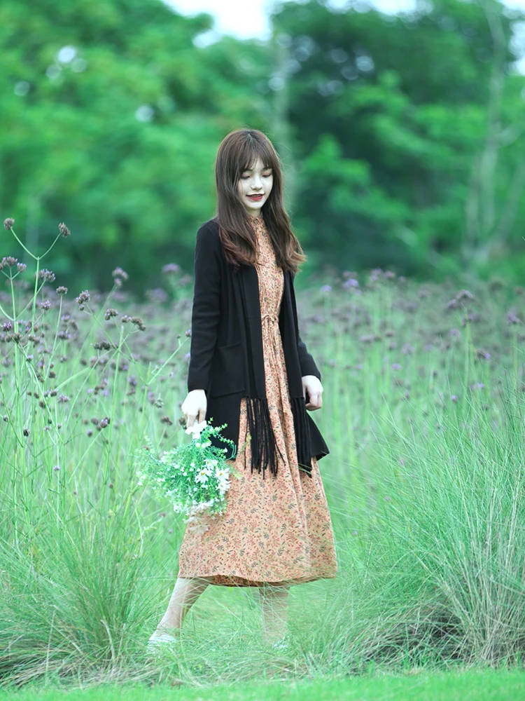 

Свободный длинный черный вязаный кардиган для женщин: повседневный стиль, верхняя одежда, свитер-пальто, весенне-осенняя мода, художественный городской стиль