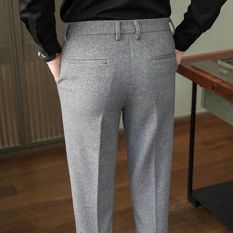 Autumn New Men Gray Woolen Pants, Fashion Casual Sanded Trousers, Asian Size 28-36 Slim Suit Pantalon for Men