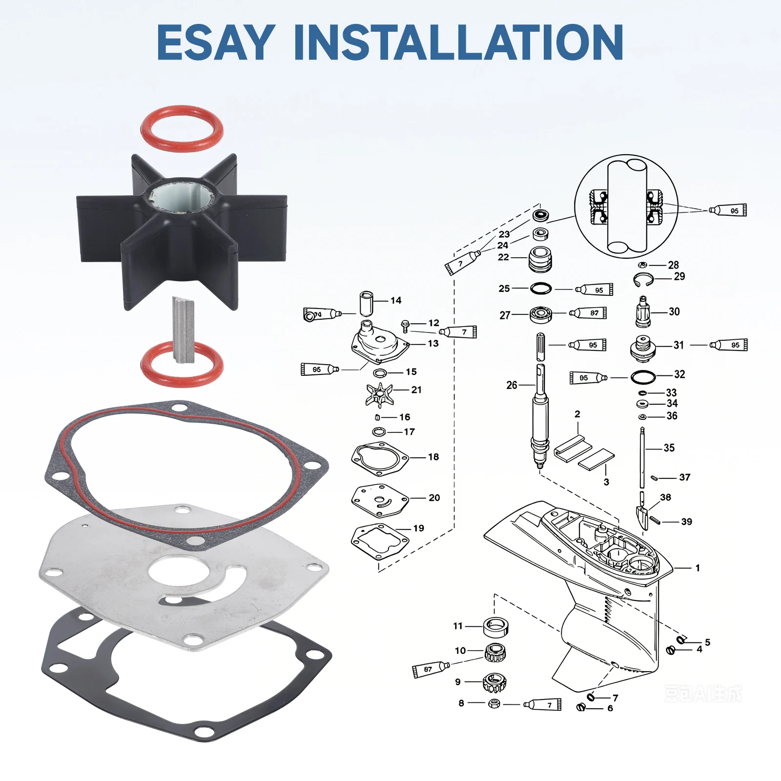 Wasserpumpen-Impeller-Reparatursatz 8M0100526 Gummi-Impeller-Dichtungsplatte passend für Mercury Mariner Außenbordmotor MerCruiser Sterndrive – Detail 5