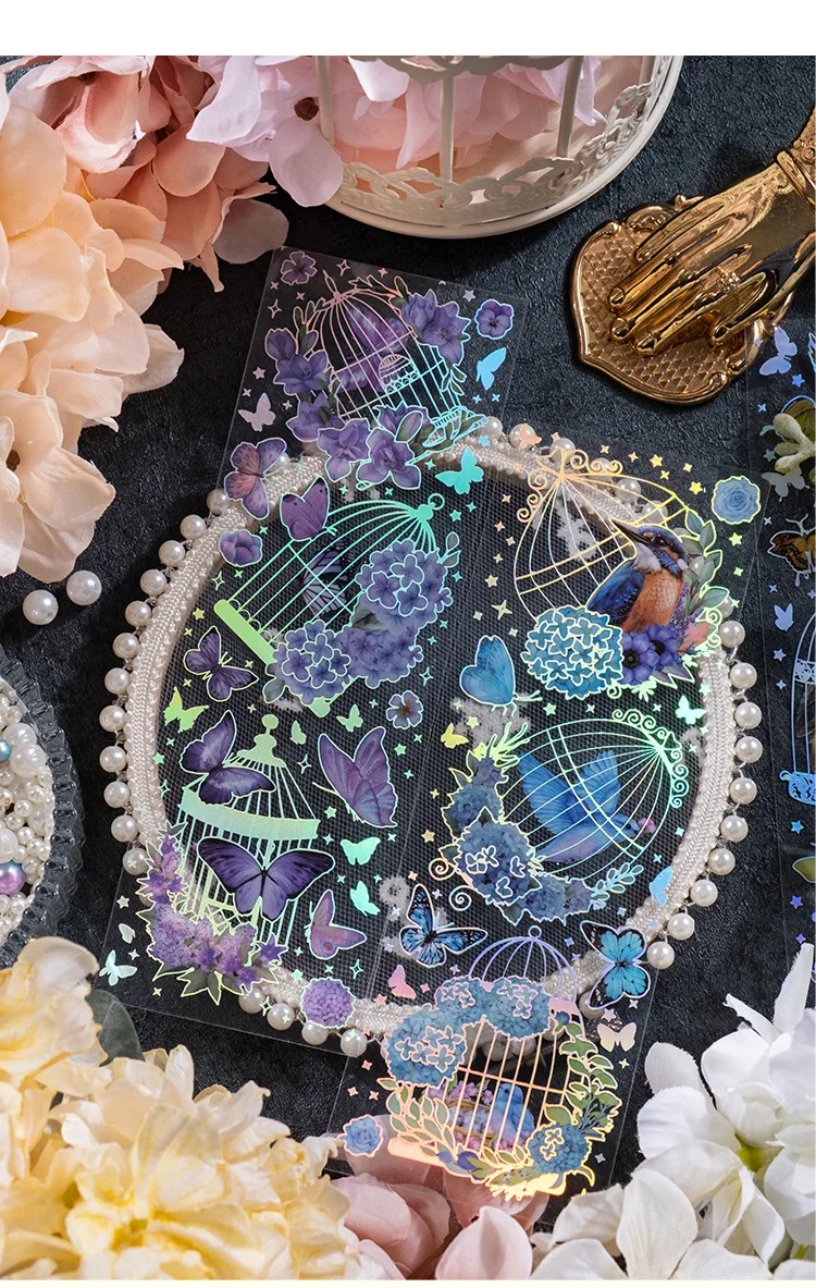 2 Sheets/pack PET Stickers Spirit Cage Butterfly Dream Birdcage Flowers Theme Laser DIY Handbook Collage Decorative Stickers