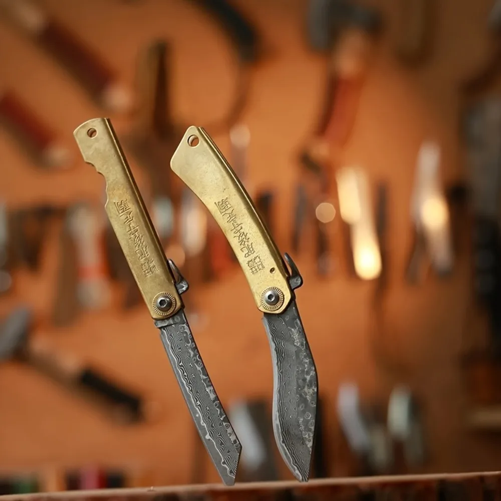 Vintage Brass Handle Folding Pocket Knife Damascus Pattern Blade EDC Collectible Camping Utility Knife