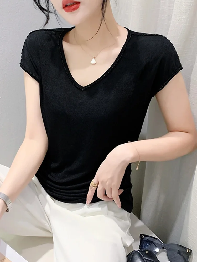 

Winsleter Streetwear Tshirt Short Sleeve Bottoming Tees Women Sexy V Necks Ruched Slim Tops Summer New Hand Made T37535QM