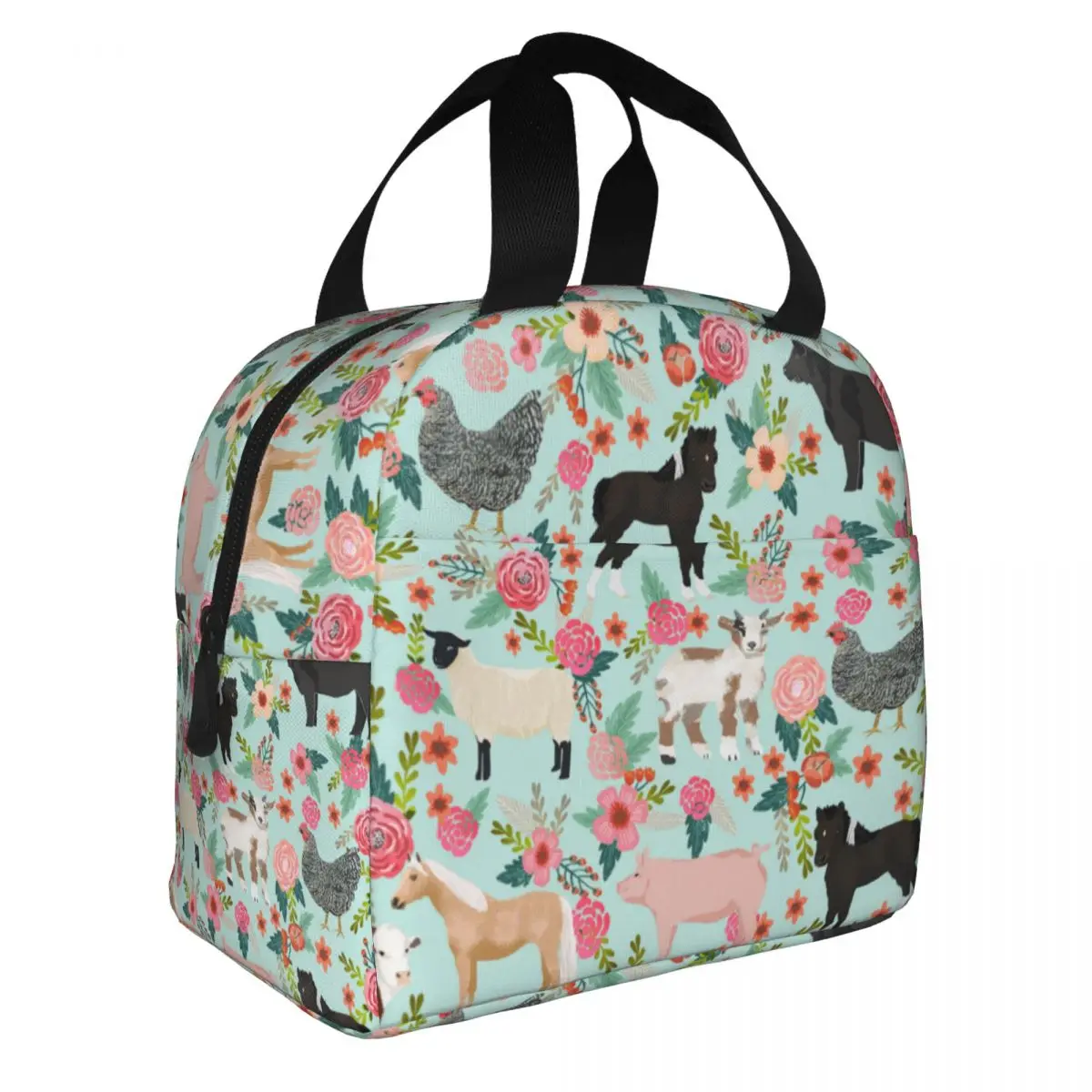 Mittagessen Tasche für Männer Frauen Bauernhof Tiere Blumen Isolierte Kühler Tragbare Picknick Arbeit Tier Oxford Mittagessen Box Handtaschen