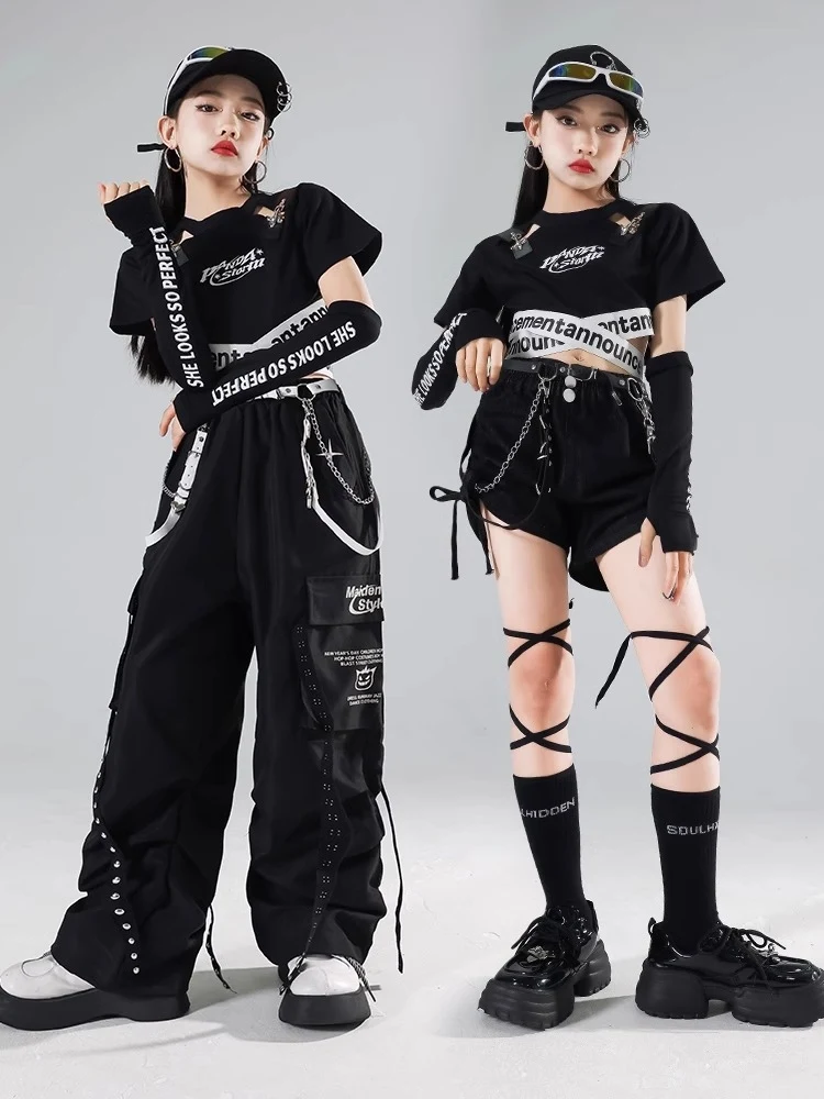 Schwarz Jazz Dance Kostüm Mädchen Hip Hop Kleidung Sommer Kurzen Ärmeln Kpop Street Wear Bühne Leistung Anzug Team Kleidung BL14776