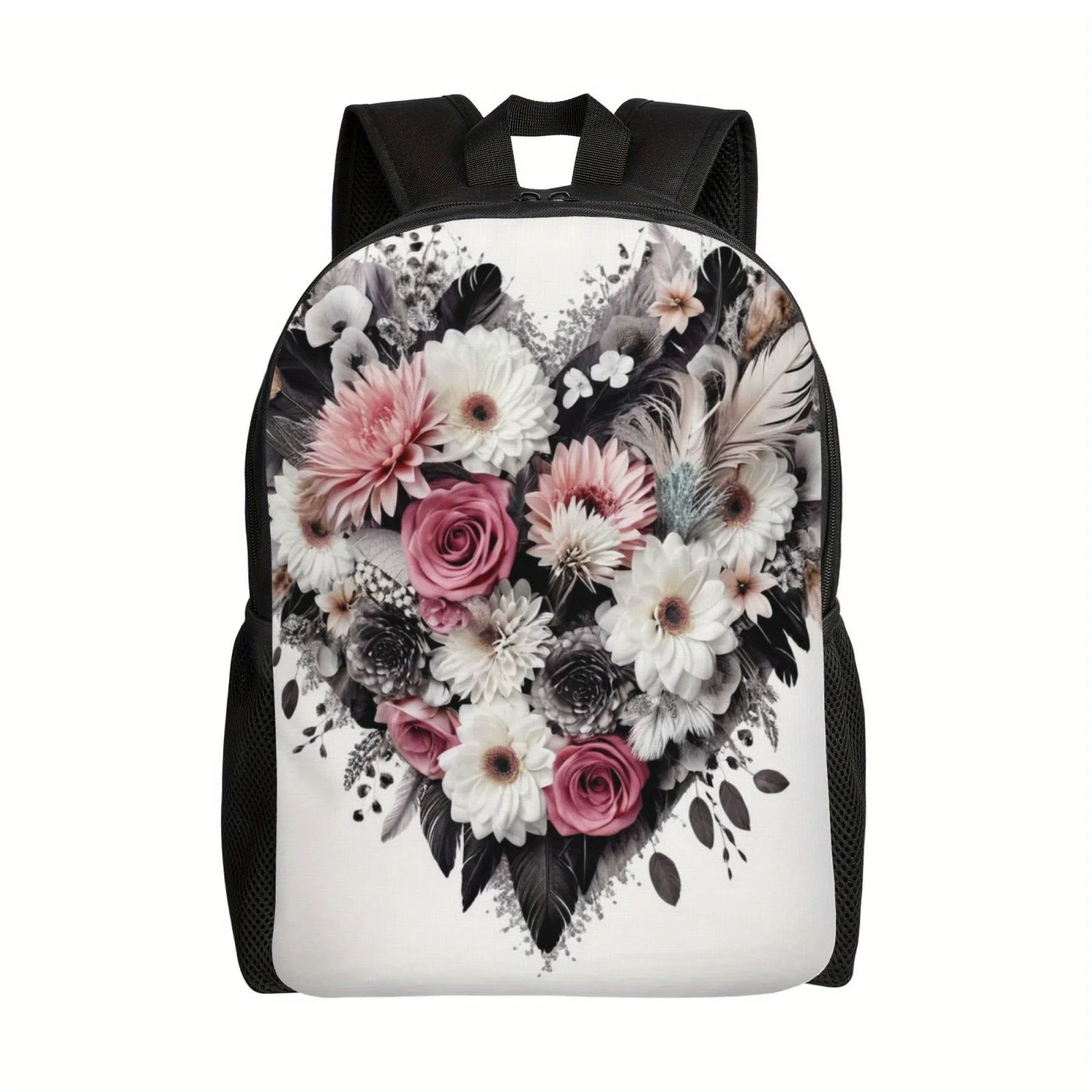 

Floral love print lightweight adjustable black backpack, perfect for daily commuting and sports